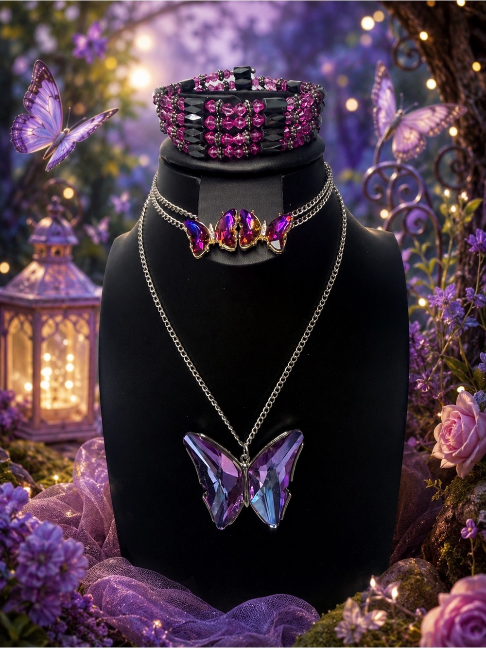Iridescent Butterfly Crystal Pendant Necklace, New Earrings & Bracelet Lot